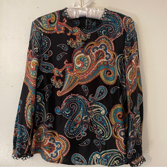 J. Crew Tops - J.Crew Black Silk Paisley Blouse Picot Trim Button Back Size 2
